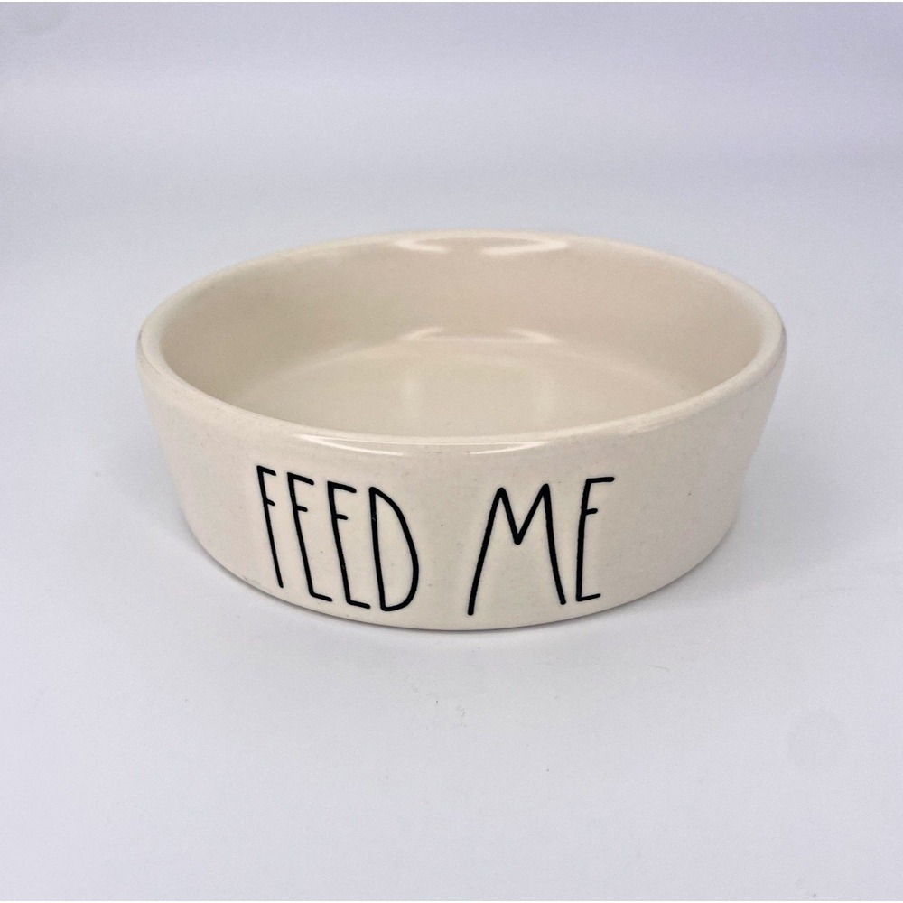 Rae Dunn FEED ME Cat Dog Bowl Pet Dish Ceramic White 5"